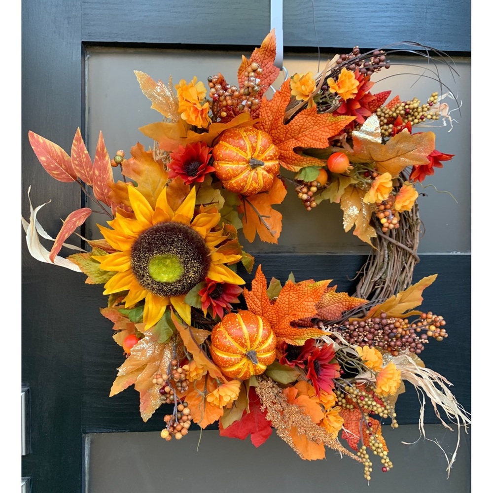 Fall Sunflower Harvest Wreath With Leaves And Pumpkins
